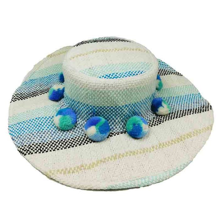 Basketweave Bohemian Hat with Large Pom Poms - America and Beyond Wide Brim Hat America and Beyond