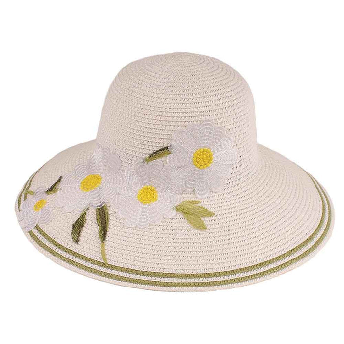 Big Brim Summer Hat with Embroidered Flower Accent - Jeanne Simmons Wide Brim Hat Jeanne Simmons Accessories JS8340WH White Medium (57 cm)