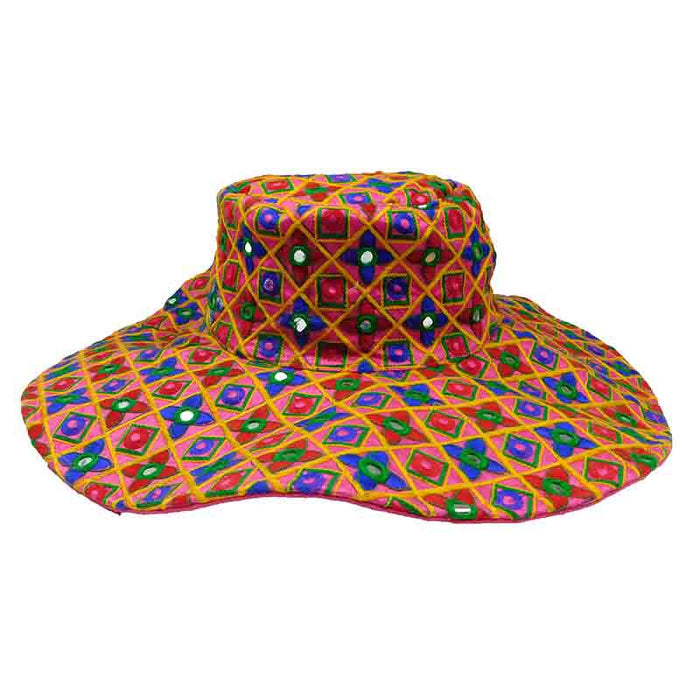Hot Pink Bohemian Hat Accented with Tiny Mirrors - America and Beyond Wide Brim Hat America and Beyond