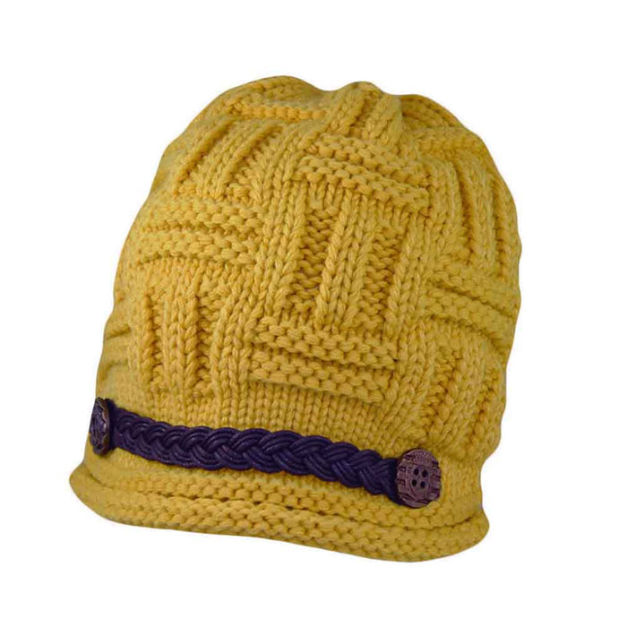 Knit Beanie with Braided Band and Button Accent - Jeanne Simmons Beanie Jeanne Simmons Accessories JS7963 Yellow M/L