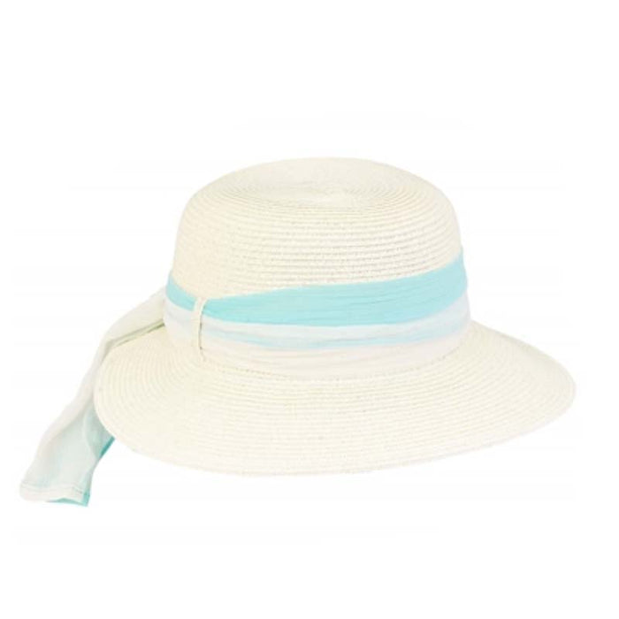 Petite Asymmetrical Brim Hat with Chiffon Scarf - Fun Day Sun Hat Wide Brim Hat Boardwalk Style Hats DA2946BL Blue Small (55 cm)