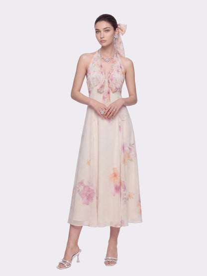 Lana Halter Floral Beige Dress