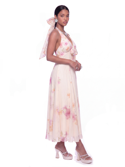 Lana Halter Floral Beige Dress