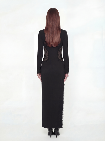 Adriana Lace High-Slit Black Acetate Dress