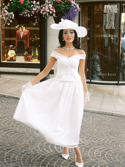Claudine High-Waist A-Line White Midi Skirt