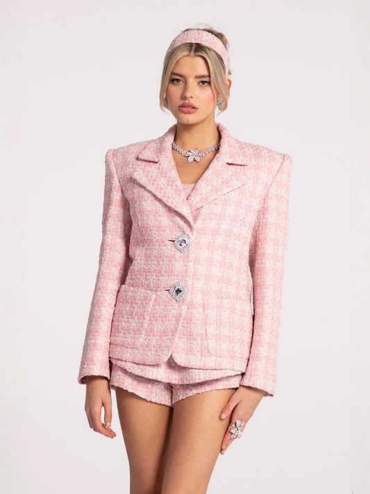 Maya Textured Lapel Pink Checkered Suit Jacket (Final Sale)