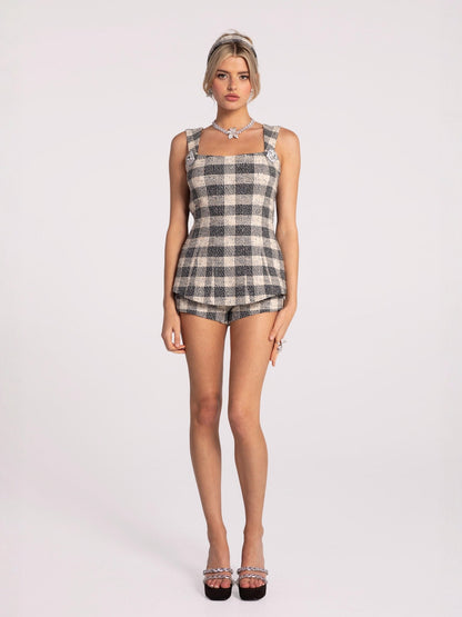 Annabella Textured Woven Black Checkered Bow Top (Final Sale)