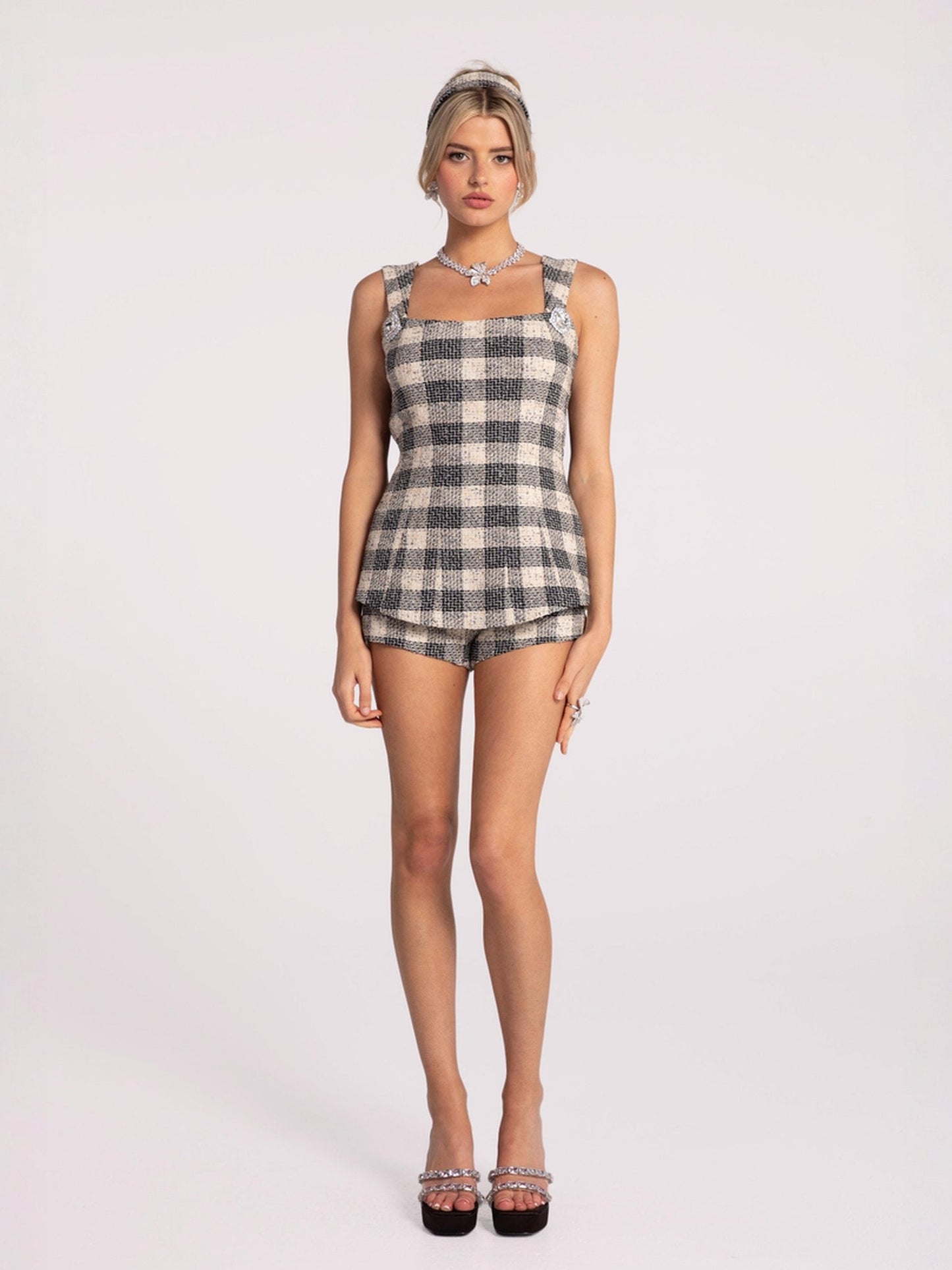 Annabella Textured Black Checkered Woven Shorts (Final Sale)