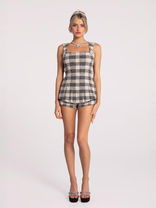 Annabella Textured Black Checkered Woven Shorts (Final Sale)