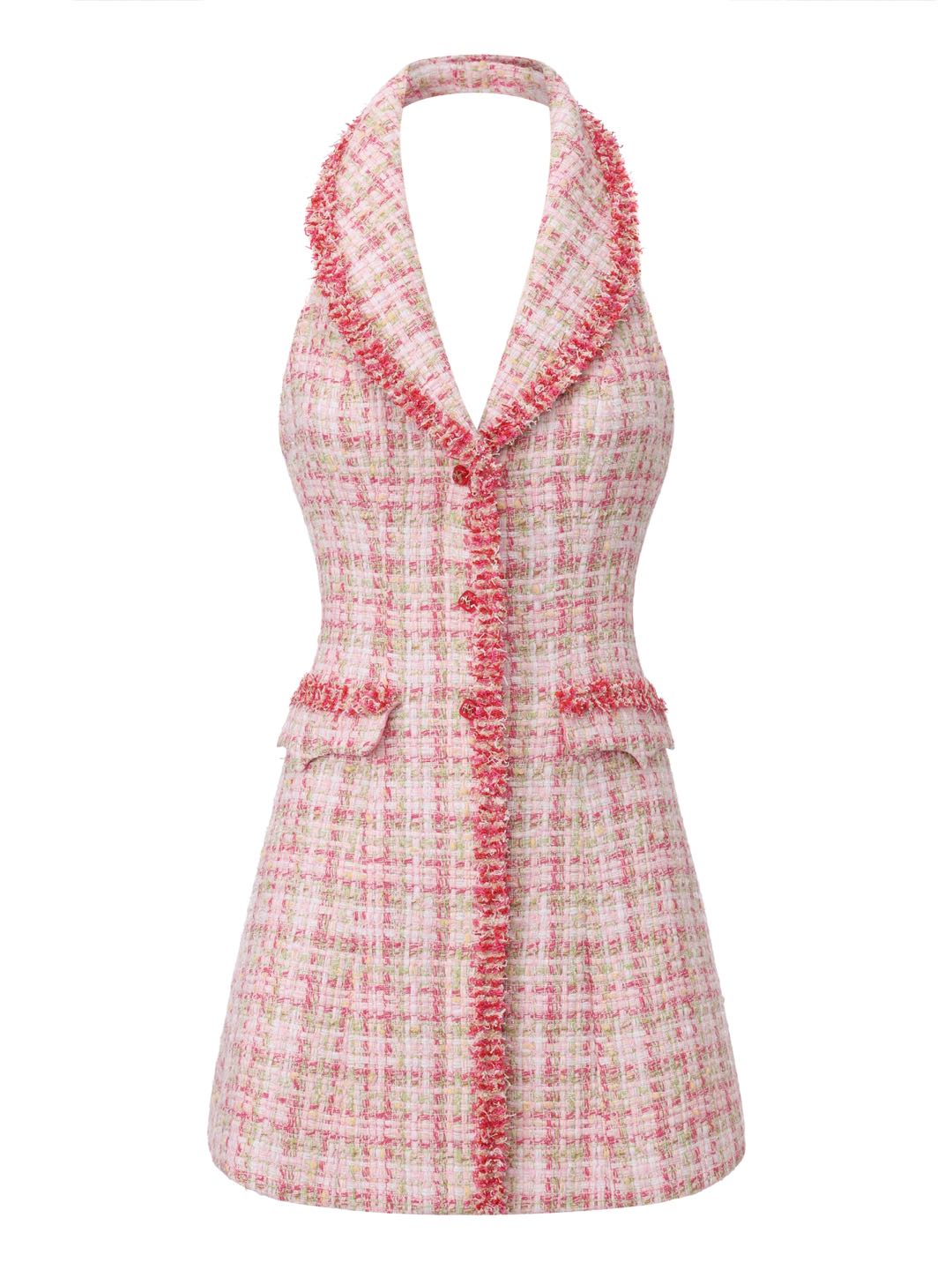 Bianca Metallic-Woven Halter Pink Mini Dress
