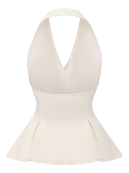 Camille Crystal-Button White Peplum Vest
