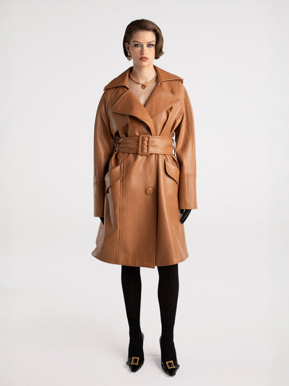 Keira Leather Trench Coat (Brown) (Final Sale)