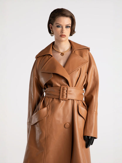 Keira Leather Trench Coat (Brown) (Final Sale)