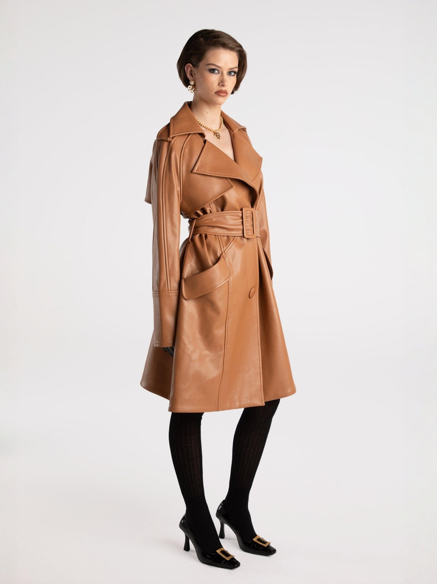 Keira Leather Trench Coat (Brown) (Final Sale)