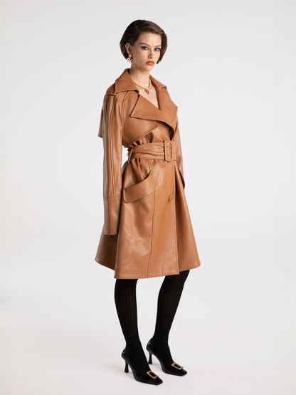 Keira Leather Trench Coat (Brown) (Final Sale)