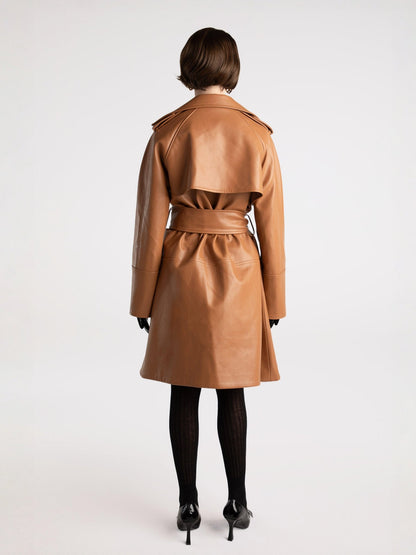 Keira Leather Trench Coat (Brown) (Final Sale)