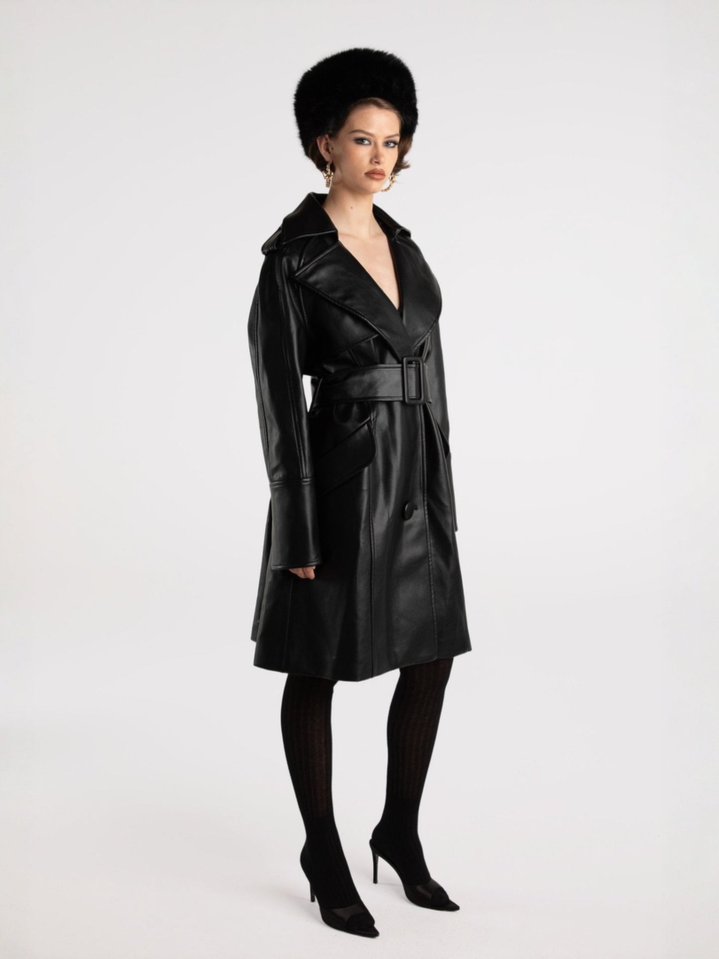 Keira Leather Trench Coat (Black) (Final Sale)