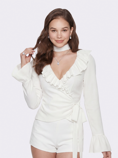 Charlotte Ruffle White Wrap Top