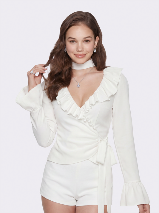 Charlotte Ruffle White Wrap Top