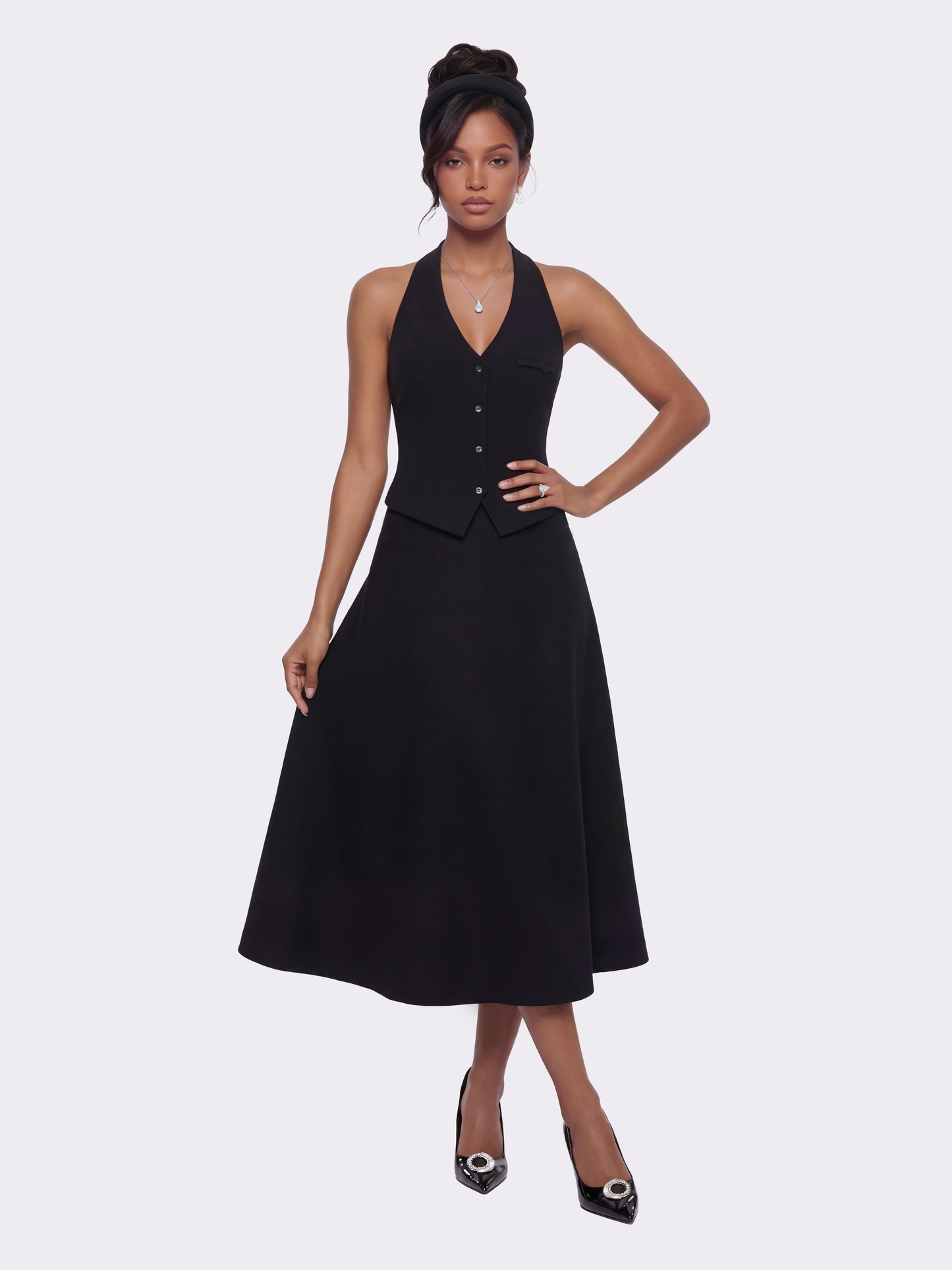 Natalia Tailored A-Line Black Midi Skirt