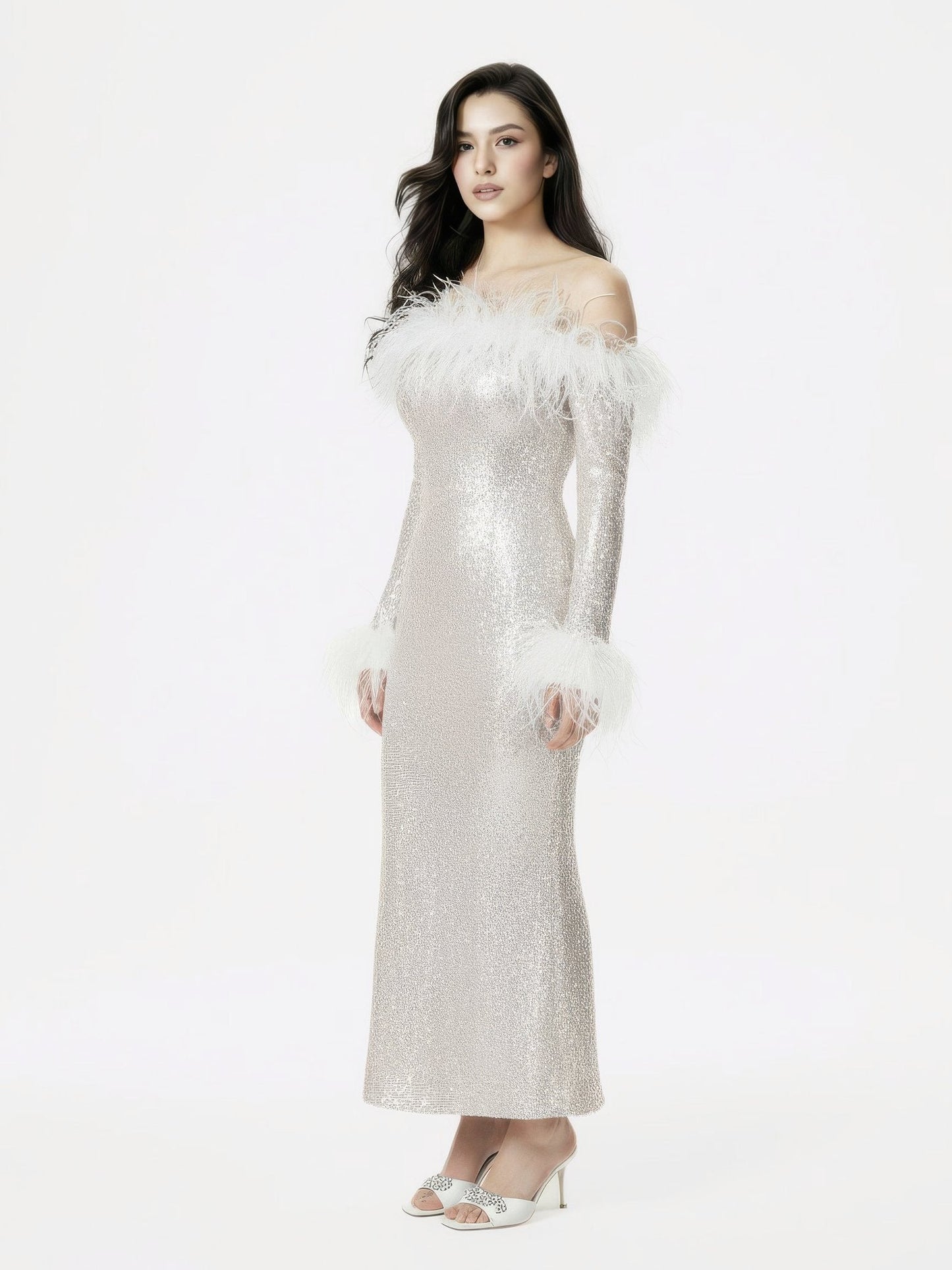 Neva Sequin Maxi Dress (White)