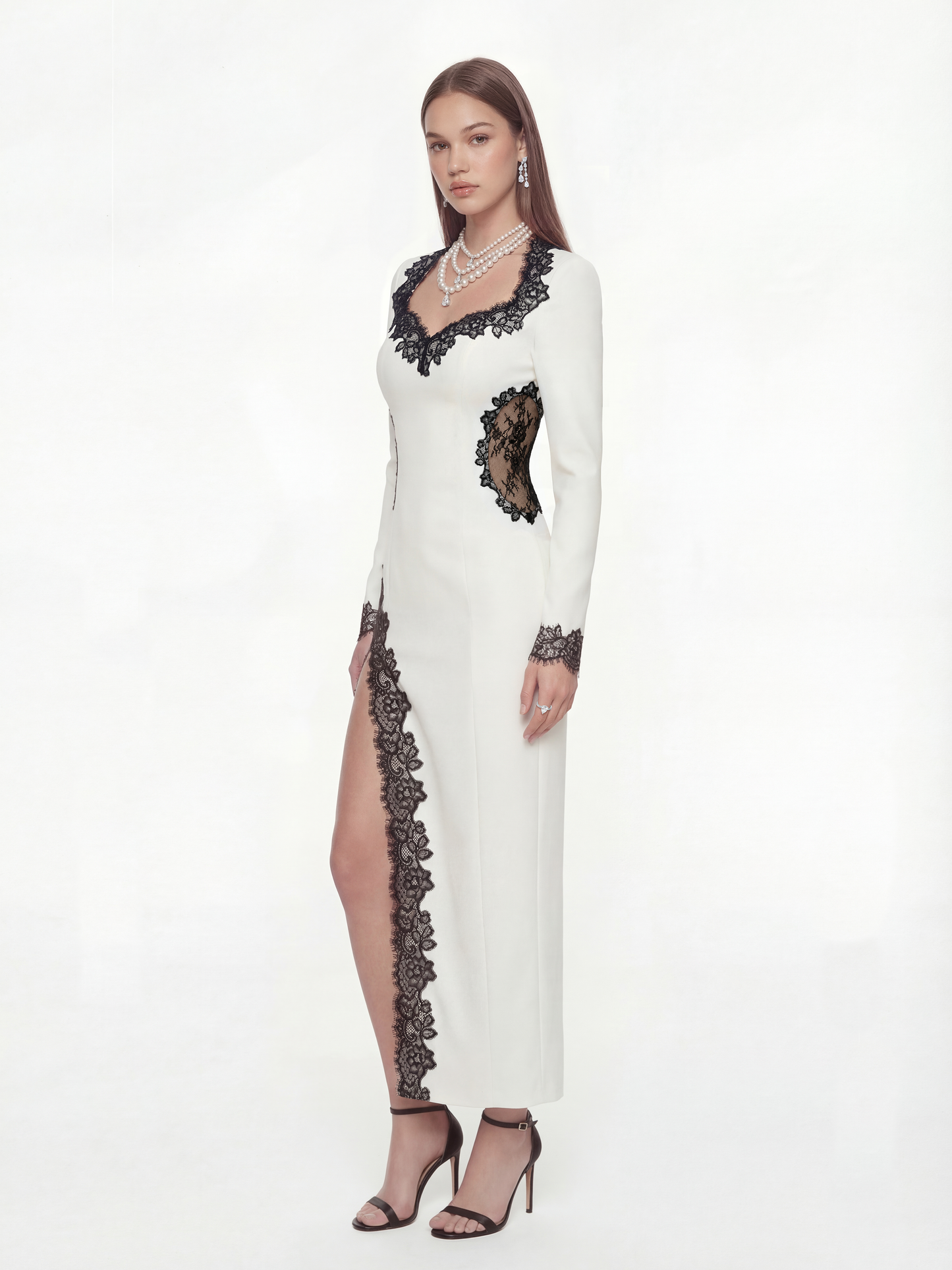 Adriana Lace Trim High-Slit Ivory Acetate Dress