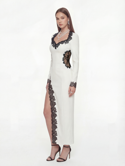 Adriana Lace Trim High-Slit Ivory Acetate Dress