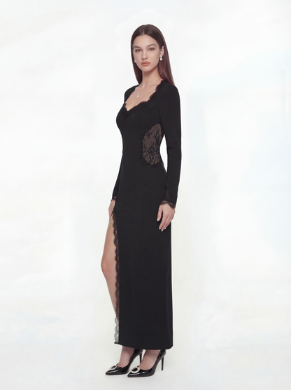 Adriana Lace High-Slit Black Acetate Dress