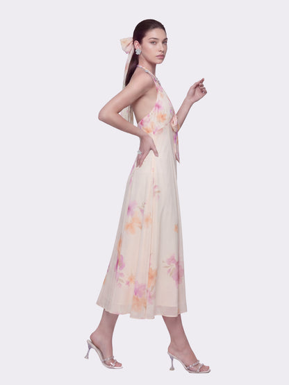 Lana Halter Floral Beige Dress
