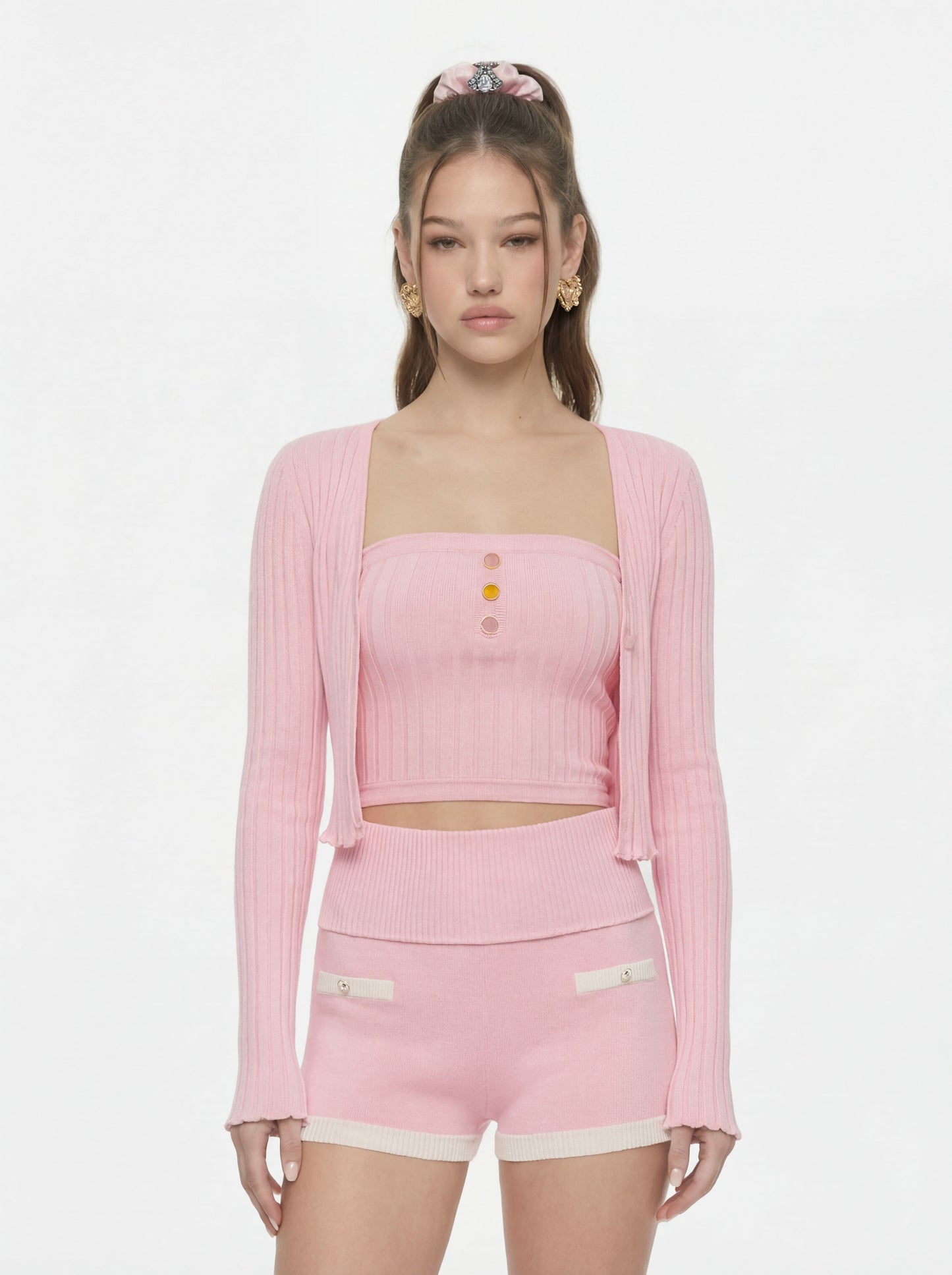 Jane Cropped Ribbed Pink Knit Cardigan