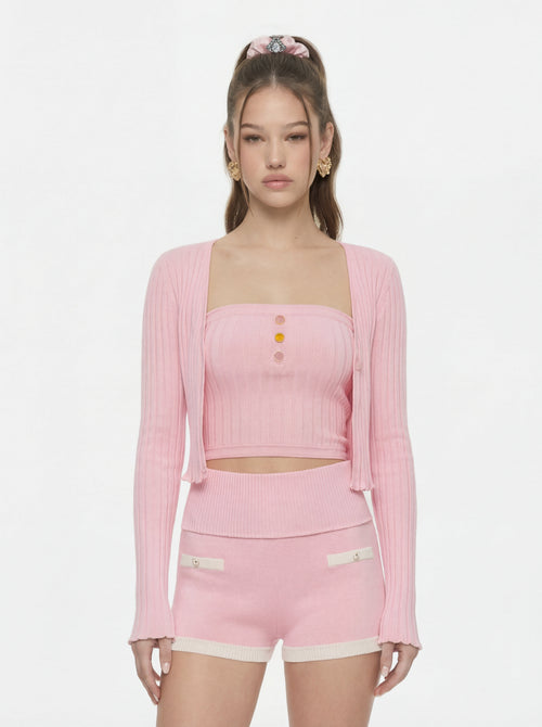 Jane Cropped Ribbed Pink Knit Cardigan
