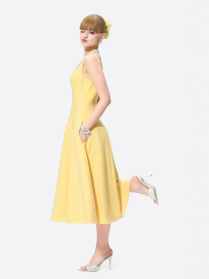 Josephine Square-Neck Yellow Midi Dress