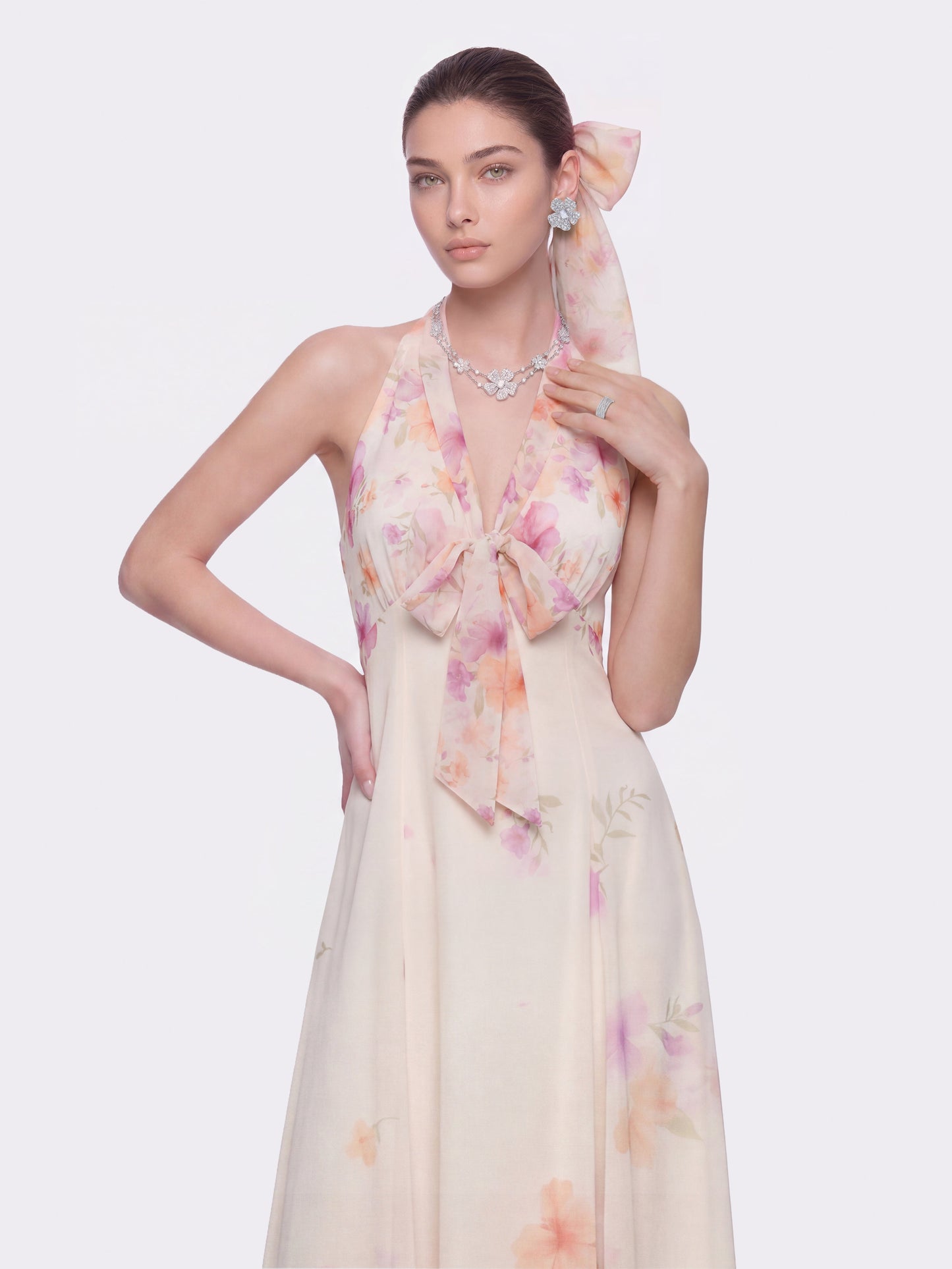Lana Halter Floral Beige Dress