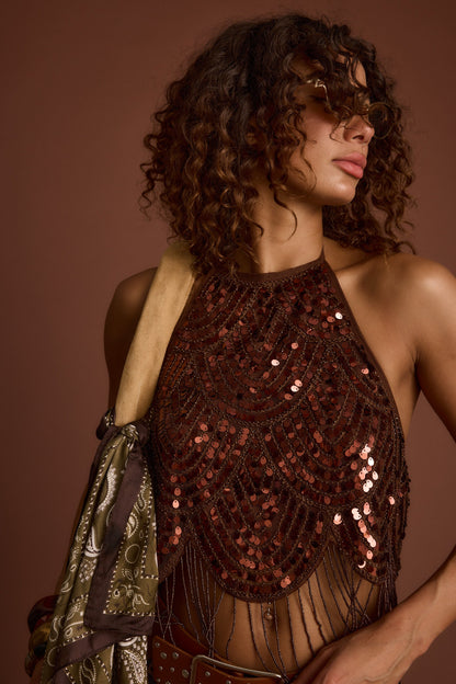 Cleo Espresso Beaded Halter Top