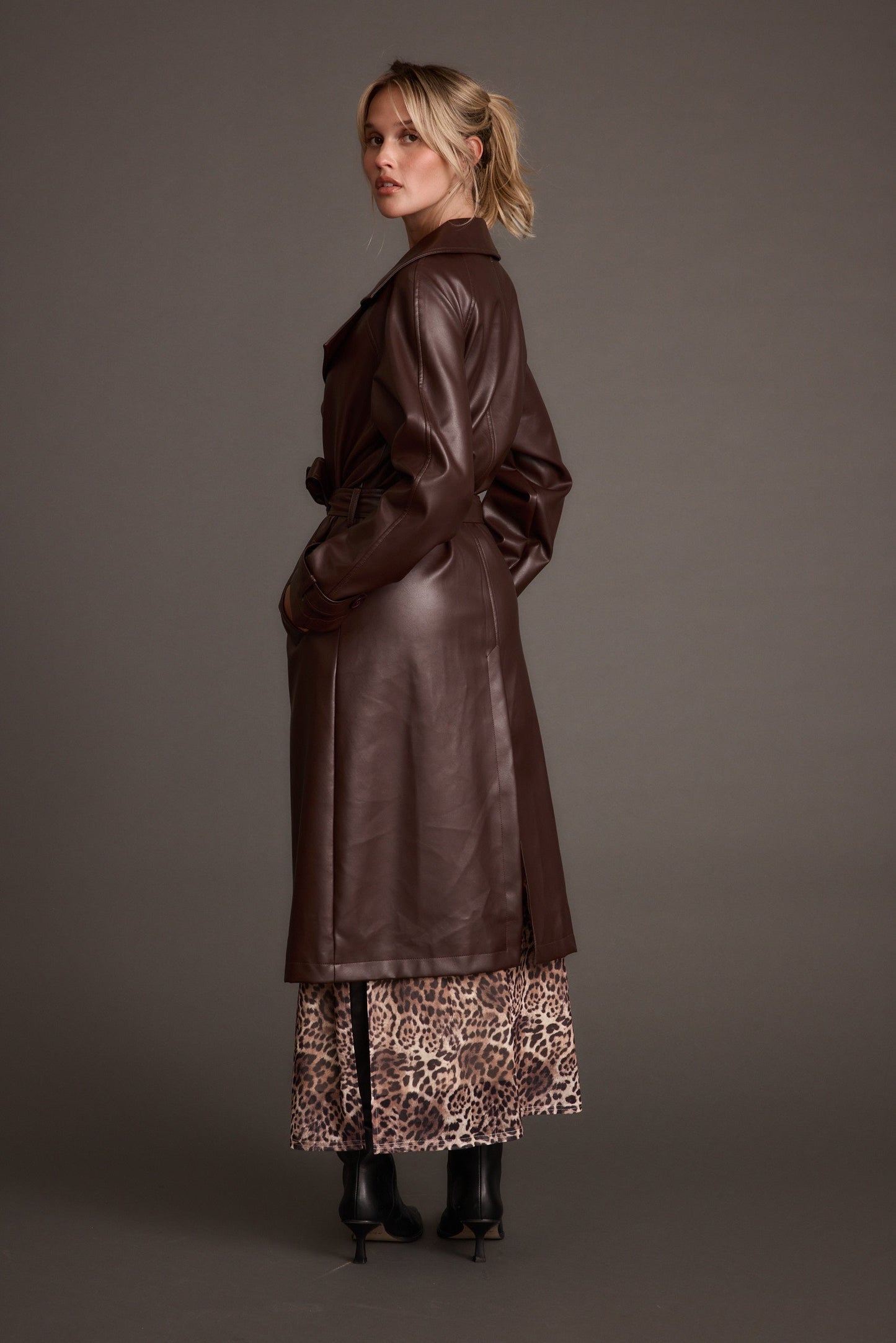 Brynne Faux Leather Mahogany Brown Trench