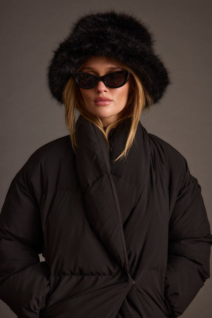Bucket Down Black Faux Fur Hat