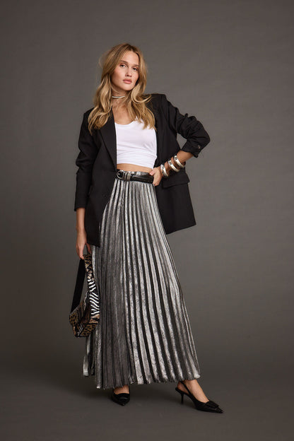 Electric Love Gunmetal Metallic Pleated Maxi Skirt
