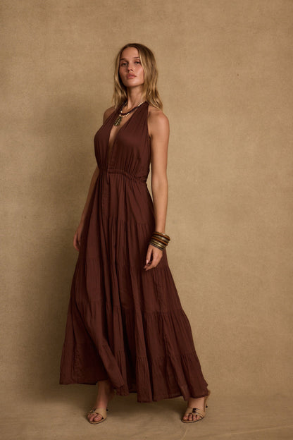 Esperanza Espresso Halter Linen Maxi Dress