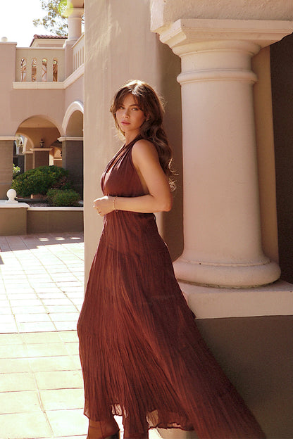 Esperanza Espresso Halter Linen Maxi Dress