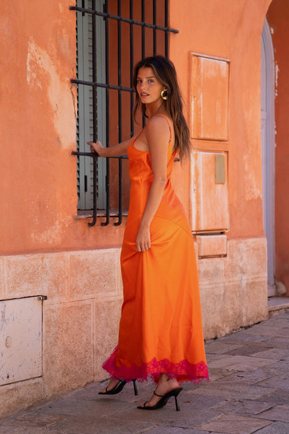 Gigi Orange Satin Maxi Dress