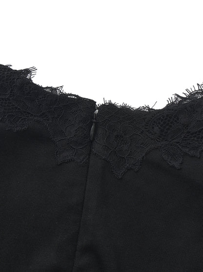 Adriana Lace High-Slit Black Acetate Dress