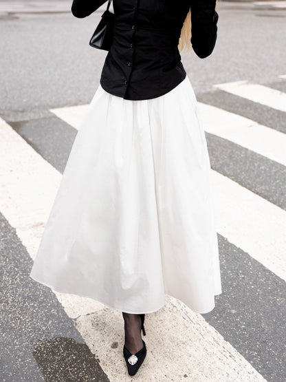 Claudine High-Waist A-Line White Midi Skirt