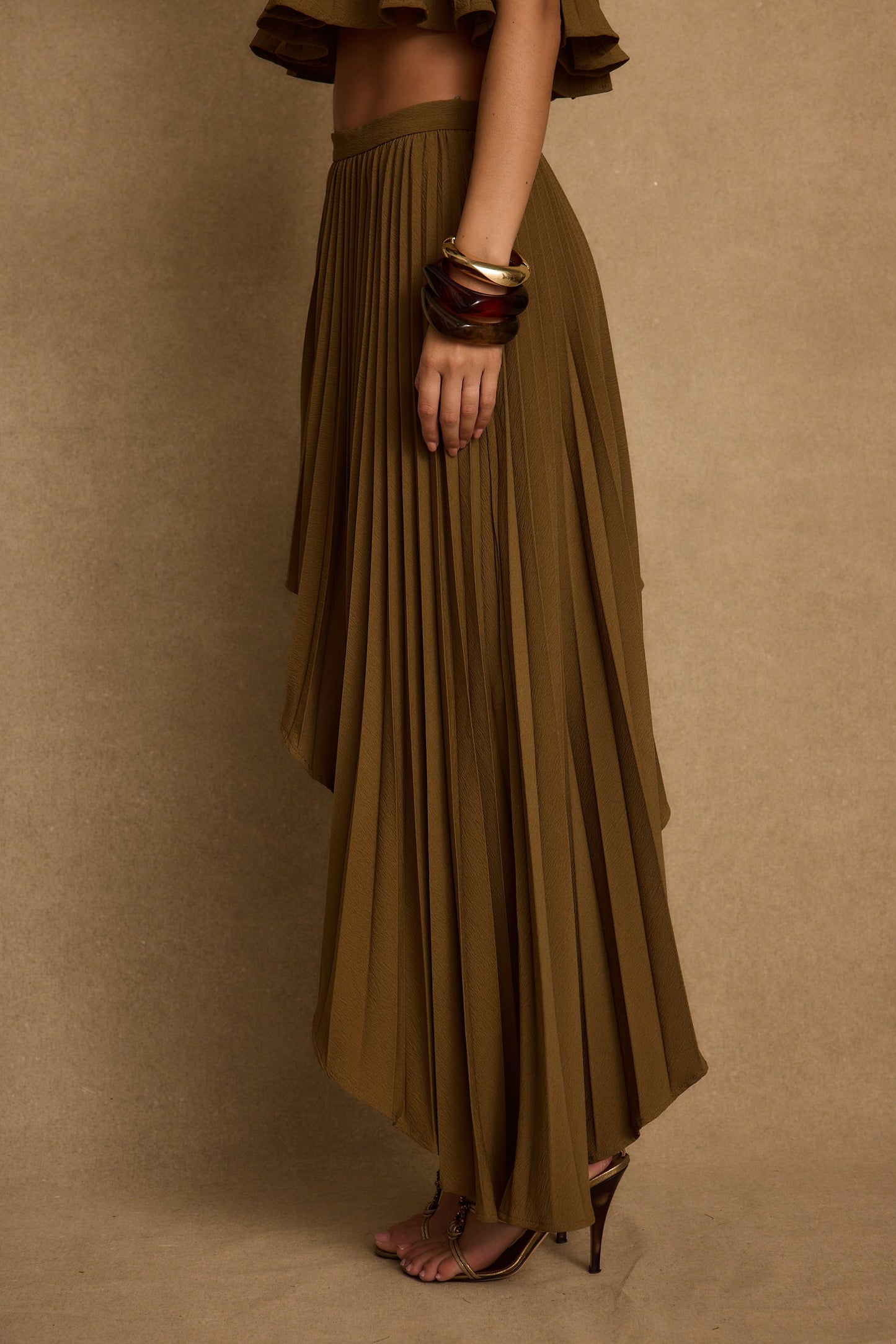Lima Olive Asymmetrical Midi Skirt