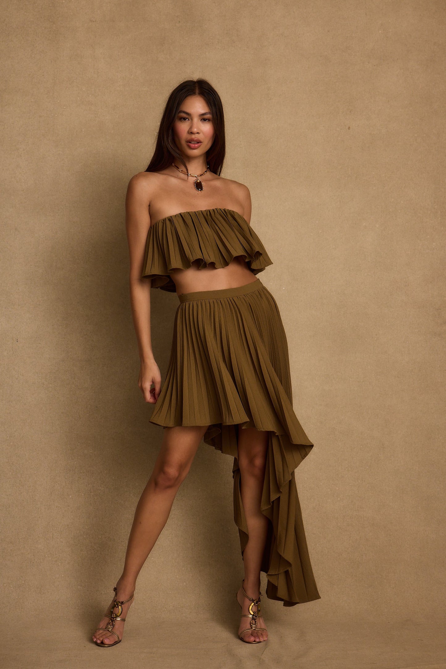 Lima Olive Asymmetrical Midi Skirt