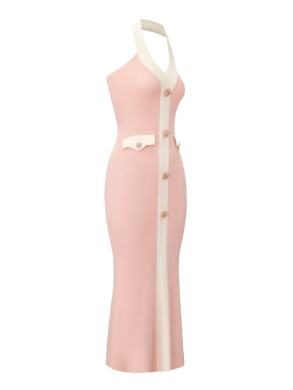 Giana Contrast Halter Knit Pink Maxi Dress