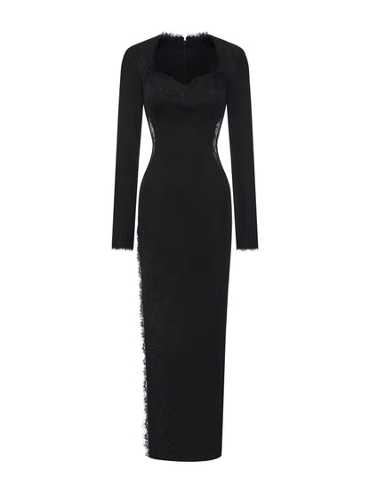 Adriana Lace High-Slit Black Acetate Dress