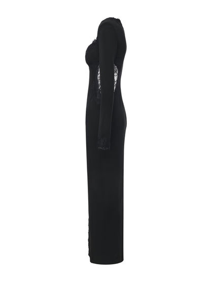 Adriana Lace High-Slit Black Acetate Dress