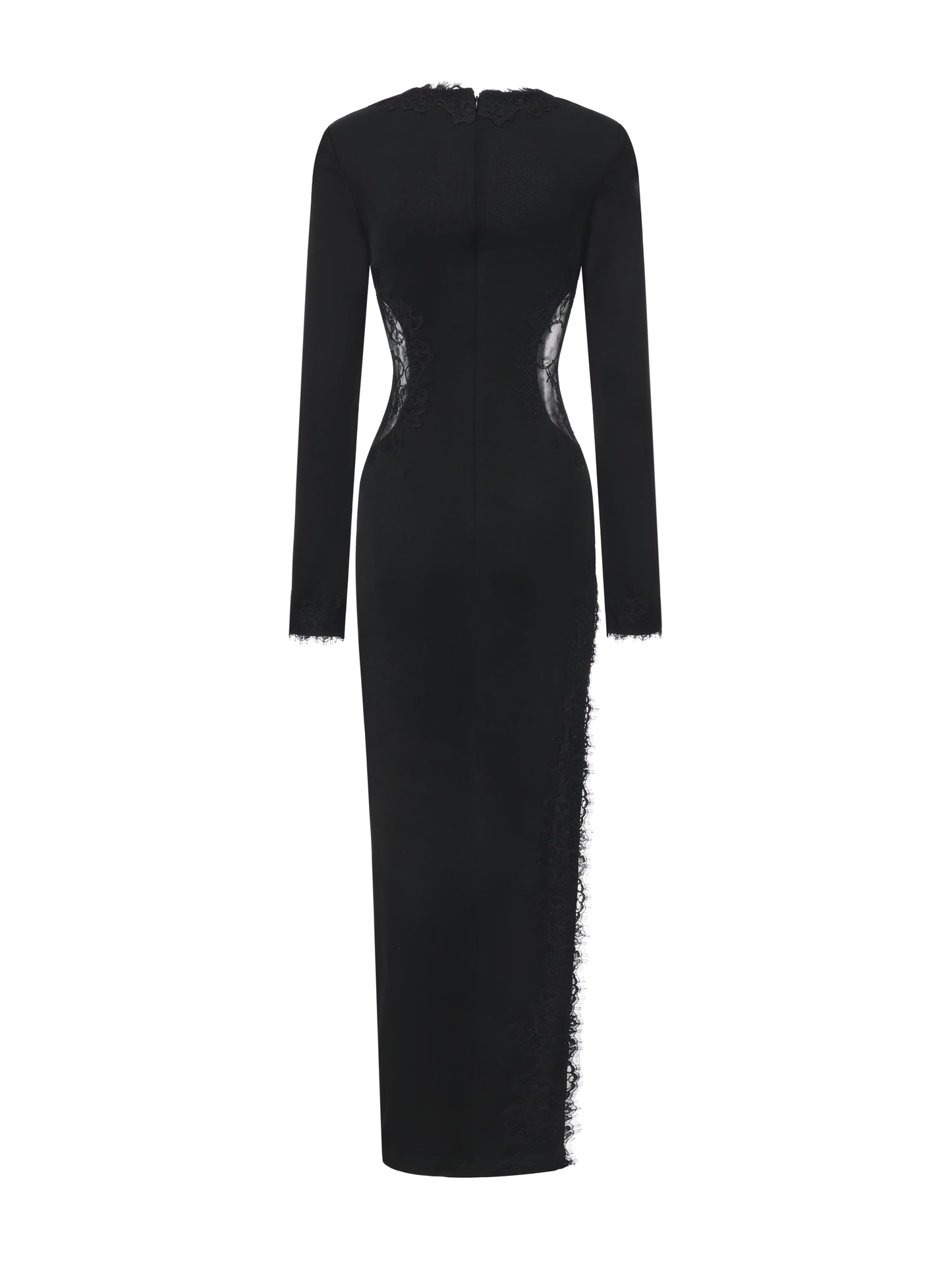 Adriana Lace High-Slit Black Acetate Dress