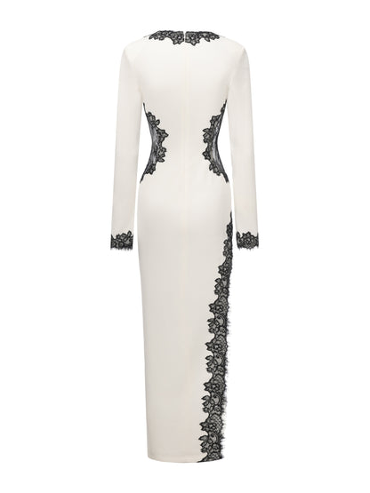 Adriana Lace Trim High-Slit Ivory Acetate Dress