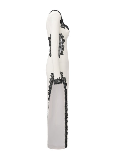 Adriana Lace Trim High-Slit Ivory Acetate Dress